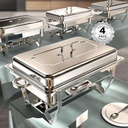Chafing Dishes for Buffet 4 pack, 9QT [No Fingers Cut] Roll Edge Designed Chafing Dish Buffet Set [Mirror-Like Polished Finish] Food Warmers for Parties, Birthday, Holiday Parties, Church Events, etc by Unknown