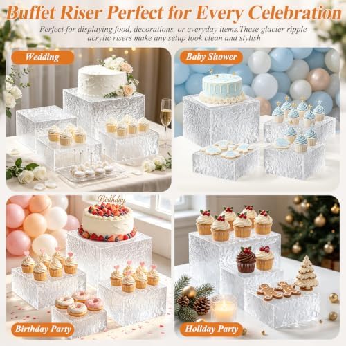 Acrylic Buffet Risers with Mini Sign and Maker, Clear Hammered Water Ripple Dessert Display Stands for Catering Cakes Cupcakes Desserts Drinks Décor Acrylic Display Risers Stackable Nesting Storage - Image 4