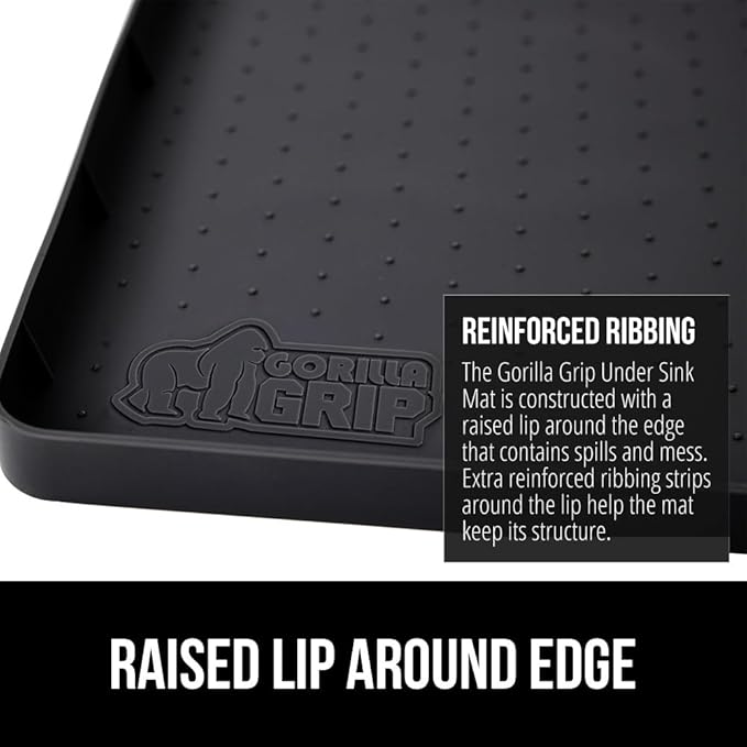 GORILLA GRIP Waterproof Silicone Under Sink Mat with Raised Lip for Kitchen and Bathroom, Cabinet Shelf Liner Stay in Place Mats Dishwasher Safe Drawer Liner, Organizer Tray, 15 x 22 in, Black