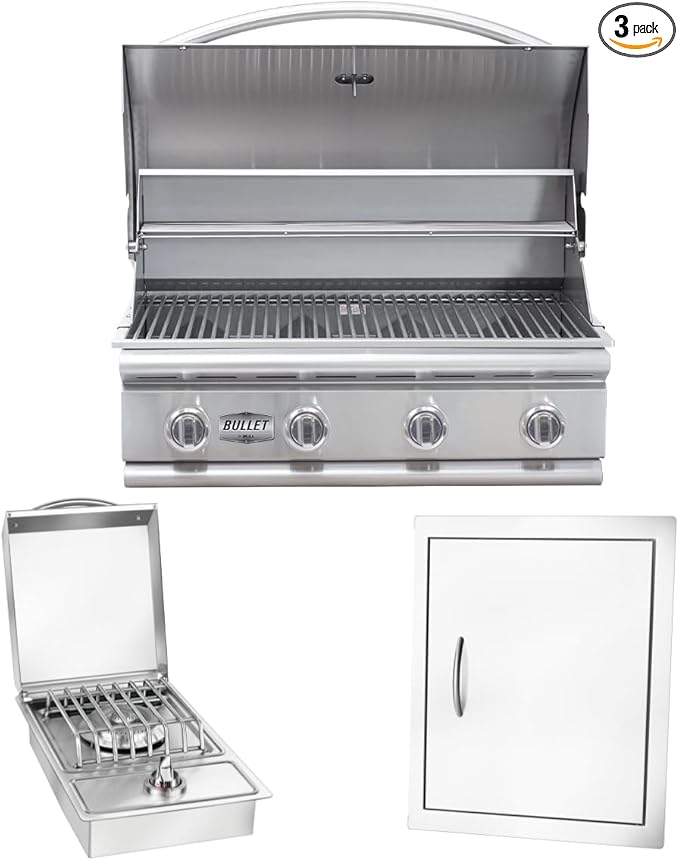 Bullet by Bull Stainless Steel Outdoor Kitchen Set - Built-In Liquid Propane Grill, Perfect for Entertaining -BBQ Kitchen Isl& Bundle - Includes 4 Burner Grill, Single Access Door & Side Burner