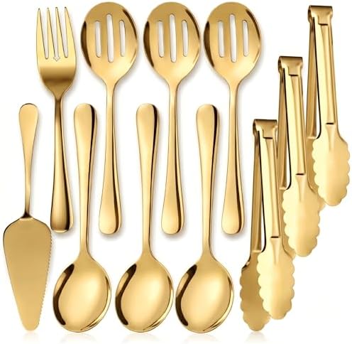 11PCS Stainless Steel Gold Serving Utensils, 8.7''Serving Spoons,8.7''Slotted Spoons, Serving Fork, 9'' Serving Tongs,Cake Server,Hostess Serving Set for Chafing Dish Buffet Catering Parties by Kzovone