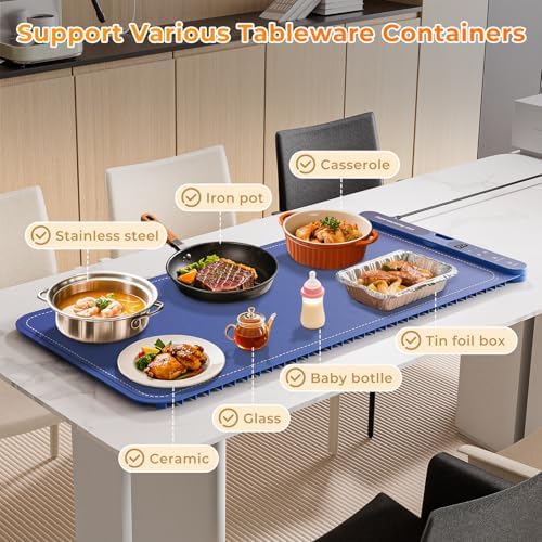 Warming Mat For Food Extra Large 32"x15", Electric Silicone Food Warmer Trays for Chafing Dishes & Buffet,Portable Countertop Food Warmers for Parties, 7-Level Temp 8-Hour Timer， Blue - Image 4