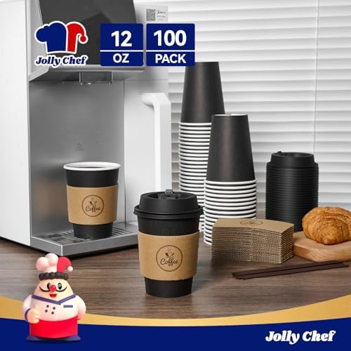 JOLLY CHEF 12 oz Black Coffee Cups with Lids, Sleeves & Stirrers 100 Pack - Image 5
