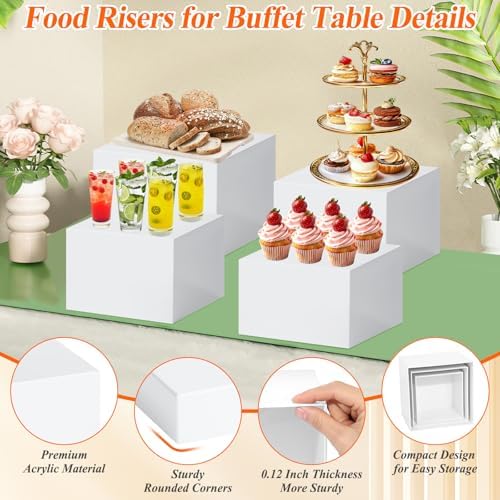 Qinzave 3Pcs White Acrylic Buffet Risers with Acrylic Maker Pen and Mini Sign, 6" 7" 8" Food Risers for Buffet Table Shelf Display Stand for Party Catering Dessert Collectibles Jewelry - Image 4