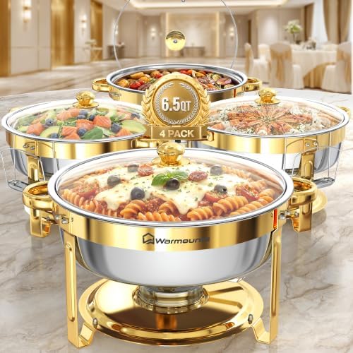 6.5QT Chafing Dishes for Buffet, 4 Pack Gold Round Buffet Display Set by Warmounts