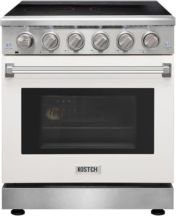 KOSTCH 30 inch Professional Electric Range with 5 Heating Elements Cooktop, 4.55 Cu. Ft. Convection Oven Capacity, Smooth Glass Top, in Stainless Steel, KOS-30RE06H (White)