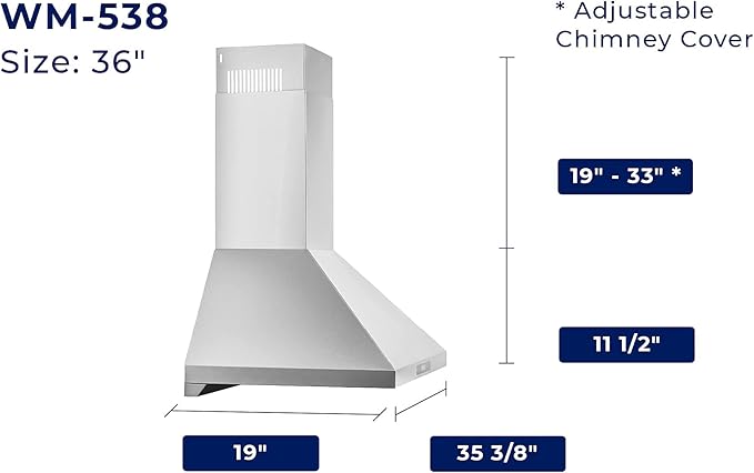 Hauslane - Chef Series Range Hood 36" WM-538 Wall Mount Range Hood - European Style Stainless Steel Stove Ventilation - 3 Speed, Touch Control, LED Lamps, Baffle Filters - Vented or Ductless