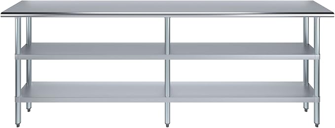 AmGood Stainless Steel Work Table with 2 Shelves | NSF | Metal Utility Table (96" Long x 14" Deep)