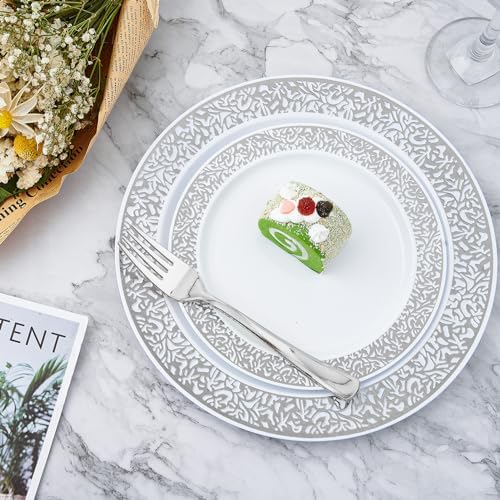 210 PCS Plastic Plates Set With Silver Rim Dinnerware Set for 30 Guests - Image 5