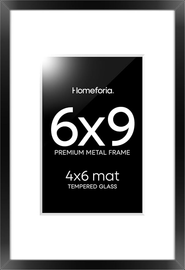 Homeforia 6x9 Picture Frame Black, High End Metal 6 x 9 Black Frames with Mat 4 x 6 for Art, 9x6 Desk Frame Matted to 4x6 inch Photo, 6 by 9 Wall or Tabletop Frames, Tempered Glass, Wall Kit, Set of 1
