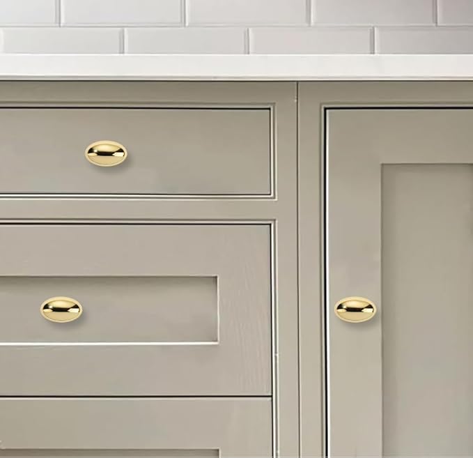 khtumeware 6 Pack 1-3/8 inch(35mm) Polished Brass Cabinet Knobs Dresser Knobs Oval Unlacquered Brass Drawer Knobs Kitchen Cabinet Hardware Egg Knobs for Dresser Drawers