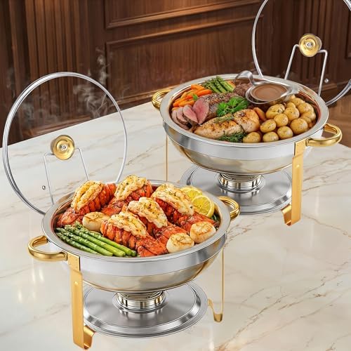 Chafing Dishes for Buffet，2PACK 4.5QT Round Chafing Dishes for Buffet, Gold and Silver Stainless Steel Chafing Dish Buffet Set with Glass Lid and Lid Holder for Home Parties,Wedding,Church Events by Unknown