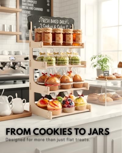 HOTCAN Cookie Display Stand for Bakers & Vendors with Acrylic Front | Wooden Dessert Stand with Chalkboard Sign for Market Booths, Craft Fairs & Events | 4 Tiered Cookie Display for Cupcakes, Muffins & Pastries (Natural) - Image 6