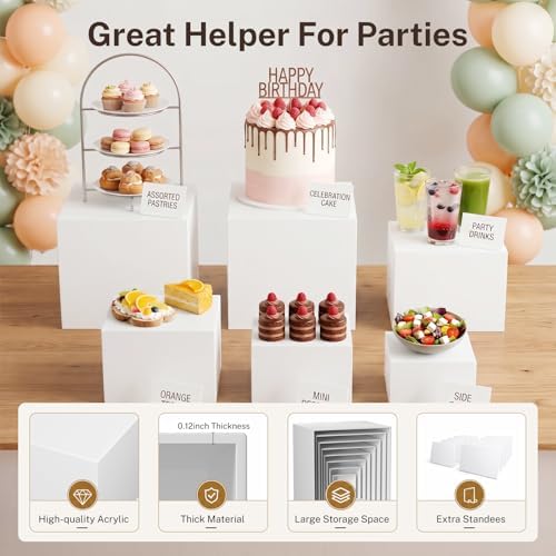 12 Pcs White Acrylic Buffet Risers with Mini Sign, Buffet Table Acrylic Cube Food Display Stands Party Catering Dessert Jewelry Collectibles, Acrylic Cube Nesting Boxes with Hollow Bottoms Home Storage (10" 9" 8" 7" 6" 5" 4" 4" 4" 3" 3" 3") - Image 3