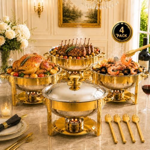 Chafing Dishes for Buffet, Cookriva 4 Pack 6QT Round Stainless Steel, Gold by Unknown