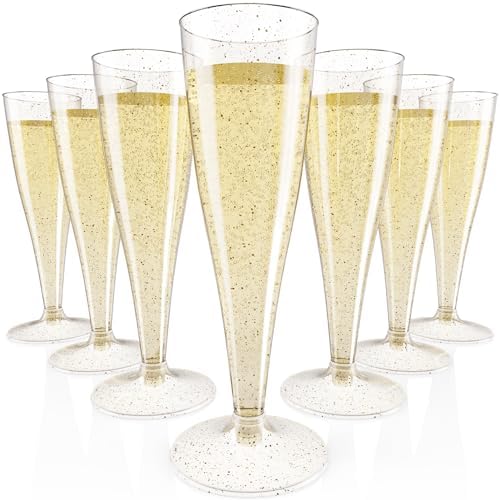 JOLLY CHEF Plastic Champagne Flutes 4.5 oz 100 Pack Gold Glitter Glasses by JOLLYCHEF
