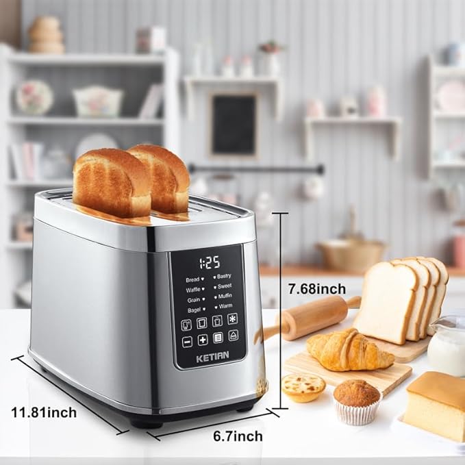 Smart Touch Screen Toaster 2 Slice, KETIAN Automatic Digital Stainless Steel Toaster,7 Bread Types,Single Slot Tech,7 Browning Settings,Removable Crumb Tray,1400W (Silver)