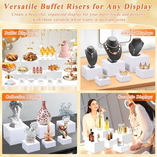 7Pcs White Acrylic Buffet Risers with Mini Sign and Marker, Food Display Risers for Party Catering Dessert Jewelry Collectibles,Acrylic Cube Nesting Boxes with Hollow Bottoms(8" 7.5" 7" 6.8" 6" 5" 5") - Image 4