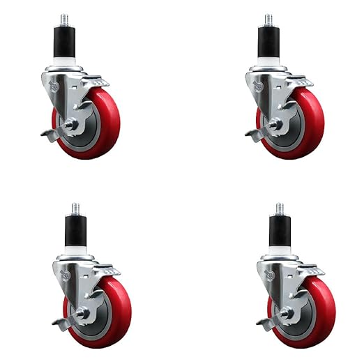 Service Caster Brand Replacement Set for Uline Casters - Swivel 1-1/2 Inch Expanding Stem Casters with 4 Inch Red Polyurethane Wheel-Includes 4 Swivel Casters and Brakes - Fits Uline Worktable H-5746