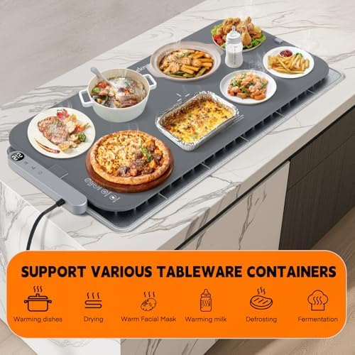 Homelove Warming Mat for Food - Electric Warming Tray with 7-Level Temp Settings & 6 Hours Timer, Full Surface Graphene Heating, Waterproof Dishwasher-Friendly Food Warmer for Parties, Kitchen (Grey) - Image 6