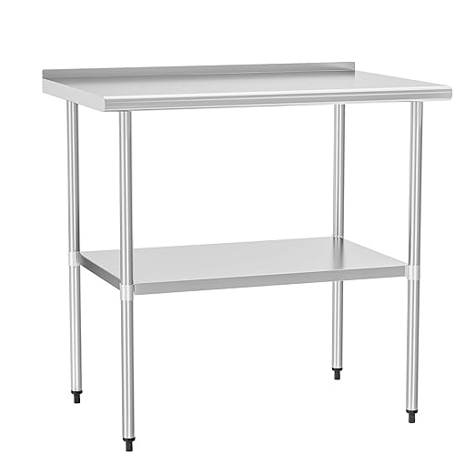 HOCCOT Stainless Steel Table 30" x 36" with Adjustable Undershelf and Backsplash, Commercial Metal Workstations for Kitchen, Garage, Outdoor BBQ