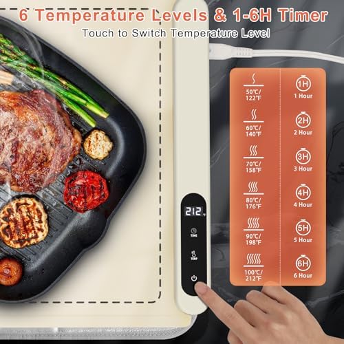 FYY Extra Large Warming Mat for Food with Heat Resistant Pad, Prevent Countertop Cracks, Keep Meal Warm, Rapid and Full Surface Heating, 6 Temp Settings, 6H Timer, Rollable Portable Food Warmer Beige - Image 5