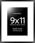 Homeforia 9x11 Picture Frame Black, High End Metal 9 x 11 Poster Frames with Mat 6 by 8 inch Photo, 9by11 Frame Matted to 6x8 in Print, 11x9 Wall or Tabletop Frames, Tempered Glass, Wall Kit, Set of 1