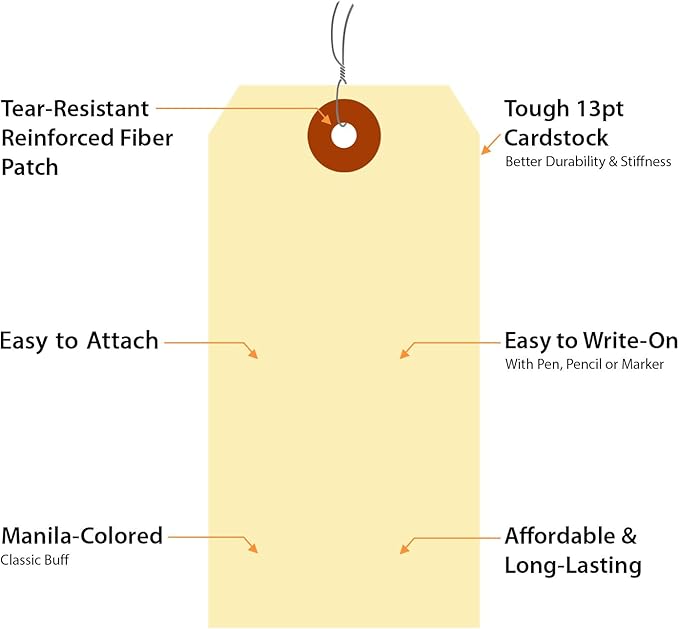 SmartSign Blank Manila Shipping Tags with Wire - Pack of 1000, Size-5, 13pt Thick Prewired Cardstock Tag, 4 3/4" x 2 3/8" Paper Hang Tags with Reinforced Fiber Patch
