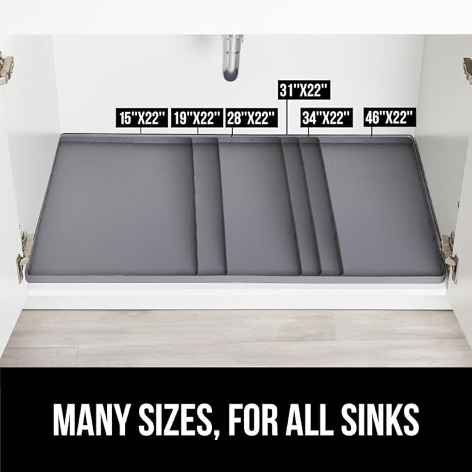 GORILLA GRIP Waterproof Silicone Under Sink Mat with Raised Lip for Kitchen and Bathroom, 31 x 22 in, Cabinet Shelf Liner Stay in Place Mats Dishwasher Safe Drawer Liner, Organizer Tray, Gray