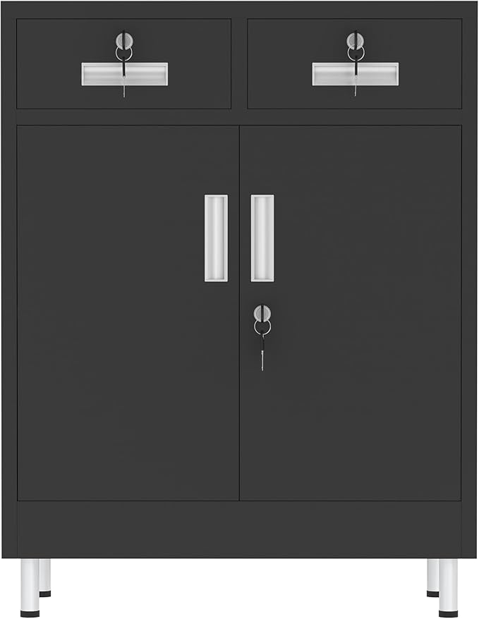 Metal Storage Cabinet with Locking Doors and 2 Drawers, Lockable Storage Cabinet with Adjustable Shelf for Home Office Garage Entryway Pantry (Black)