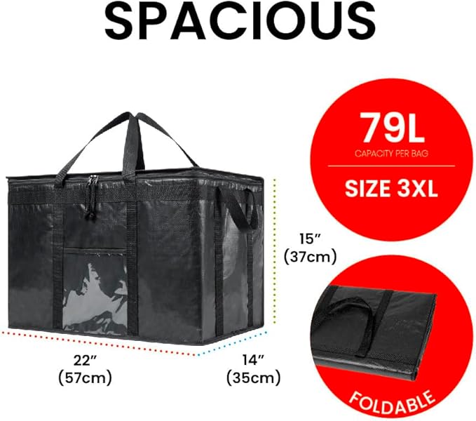 NZ home Insulated Bags for Food Delivery (3XL PRO) Grocery Shopping Cooler Bag, Pizza Delivery, Hot & Cold Catering Tote, Reusable, Foldable & Heavy Duty (Black)