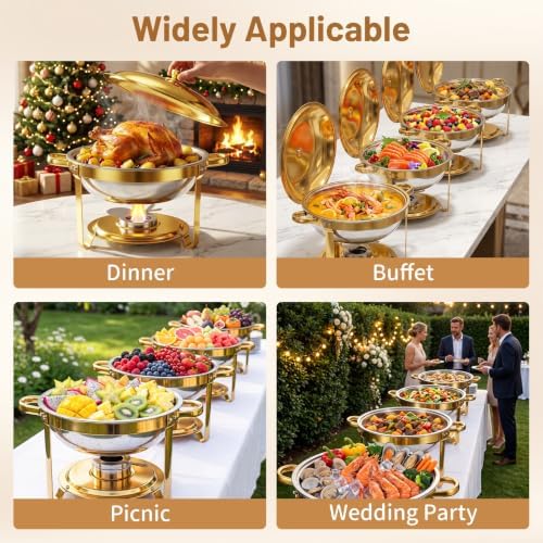 Chafing Dishes for Buffet, 2 Pack 5QT Stainless Steel Round Buffet Servers and Warmers, Food Warmers for Parties Buffet, Banquets, Weddings, Catering Events Complete Chafing Dish Buffet Set, Gold - Image 7