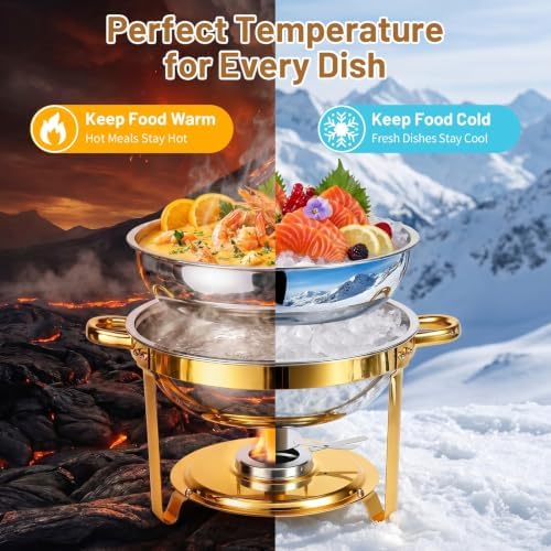 Chafing Dishes for Buffet, 2 Pack 5QT Stainless Steel Round Buffet Servers and Warmers, Food Warmers for Parties Buffet, Banquets, Weddings, Catering Events Complete Chafing Dish Buffet Set, Gold - Image 2