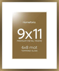 Homeforia 9x11 Frame Bronze, High End Metal 9 x 11 Brass Picture Frames with Mat for 6 by 8 in Photo, 9by11 Poster Frame Matted to 6x8, 11x9 Wall or Tabletop Frames, Tempered Glass, Wall Kit, Set of 1