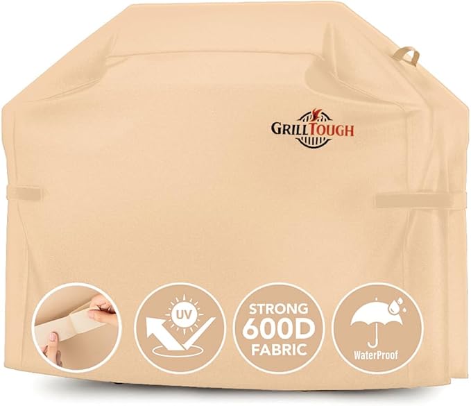 Heavy Duty BBQ Grill Cover for Outdoor Grill, 64 Inch – Waterproof, Weather Resistant, UV & Fade Resistant with Adjustable Straps – Gas Grill Cover for Weber, Genesis, Charbroil, etc. Tan