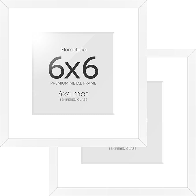 Homeforia 6x6 Picture Frame White, High End Metal 6 x 6 Square Photo Frames with Mat 4 by 4, 6x6 Poster Frame Matted to 4x4 inches Print, 6by6 Wall or Tabletop Frame, Tempered Glass, Wall Kit, Set of 2