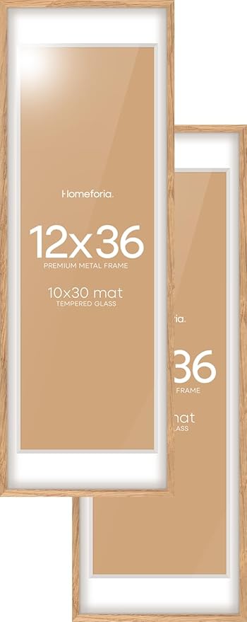 Homeforia 12x36 Wood Frame, High End Natural Oak 12x36 Light Wooden Picture Frame with Mat 10x30, 12 x 36 Poster Frames Matted to 10 by 30 Art, 36x12 Hanging Frames, Tempered Glass, Wall Kit, Set of 2