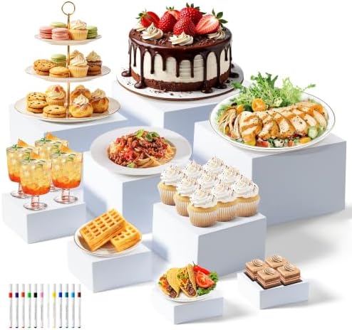 Nestable Buffet Risers - 9 Pcs White Acrylic Food Risers with Signs & Markers – Sturdy Dessert Table Display Stands for Parties, Catering, Jewelry & Collectibles (Easy-Store Stackable Cubes: 10'', 9'', 8", 7", 6", 5'', 5", 4", 4") by Unknown
