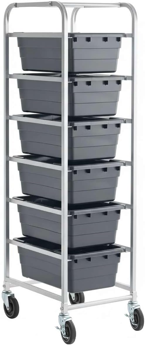 19"x26"x69" Mobile Aluminum Lug Rack with 6 Grey Meat Lugs/Tote Boxes - NSF Heavy-Duty Commercial Portable Storage Cart with 5" Casters, 400 lb., Food Prep and Dishroom Durable Utility Rack