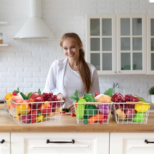 White 2PCS Wire Storage Baskets with Wooden Handles for Pantry Organizer - Image 5