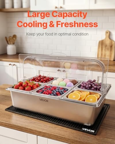 VEVOR Countertop Food Serving Display Container, Stainless Steel Food Salad Server Tray, Buffet Condiment Dispenser, Ice Cooled Rack with Clear Roll Top Cover, for Restaurant Hotel (6x1/6 Pan x2) - Image 4