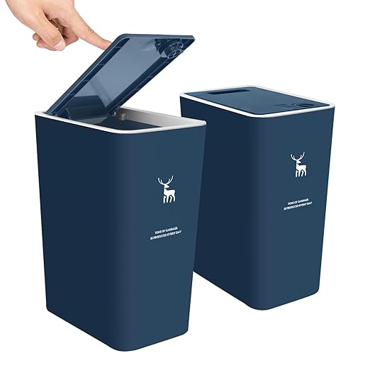 XPIY Trash Can with Lid, 2 Pack 4 Gallons/15 Liters Garbage Can with Press Top, Small Trash Can Dog Proof, Plastic Trash Bin, Waste Basket for Bathroom|Kitchen|Bedroom|Office (2, Blue)