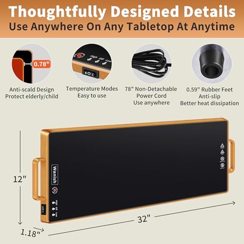 Electric Warming Tray,XL 32"x12",Tempered Glass Warming Mat for Food,Black - Image 3
