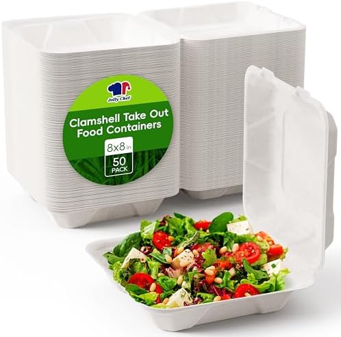 8" 50 Pack Sugarcane Clamshell Take Out Food Containers 1 Compartment by JOLLYCHEF