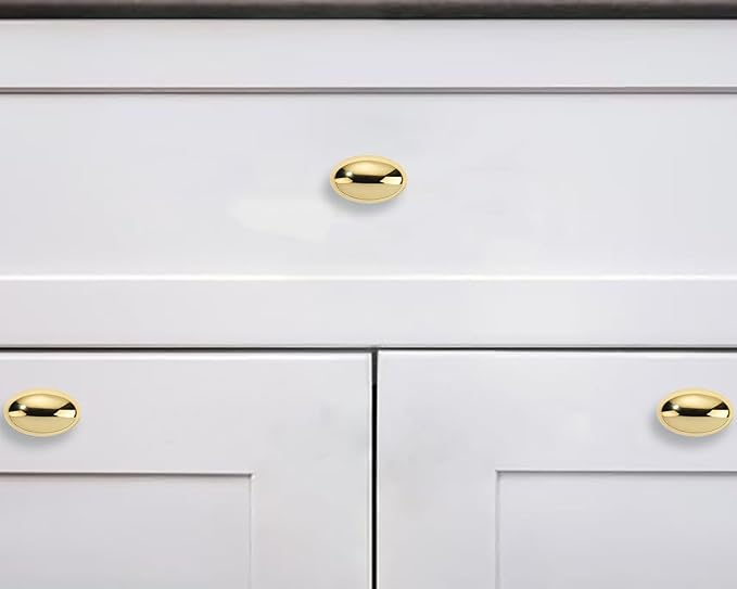 khtumeware 10 Pack 1-3/8 inch(35mm) Polished Brass Cabinet Knobs Dresser Knobs Oval Unlacquered Brass Drawer Knobs Kitchen Cabinet Hardware Egg Knobs for Dresser Drawers