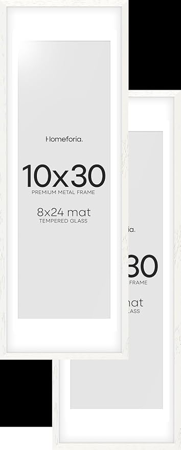 Homeforia 10x30 White Picture Frame, High End Oak 10x30 Wood Poster Frames with Mat 8x24 Print, 10 x 30 White Wooden Frames Matted to 8 by 24, 30x10 Panoramic Frame, Tempered Glass, Wall Kit, Set of 2
