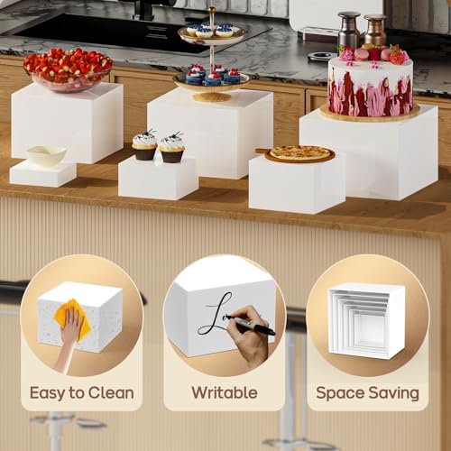 6 PCS Buffet Risers, Food Risers for Buffet Table, Display Stand Shelf for Party, Catering, Jewelry & Collectibles, White Acrylic Nesting Boxes for Food Display (8" 7" 6" 5" 4" 3") - Image 3