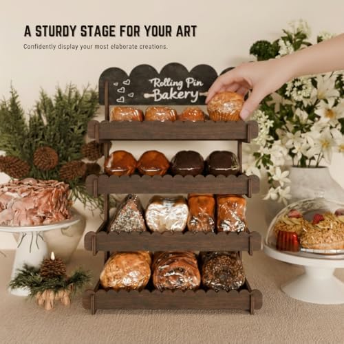 HOTCAN Wooden Cookie Display Stand with Chalkboard Sign for Bakers, Vendors, Craft Fairs | Pastry Display for Market Booths & Events | 4 Tiered Cookie Display for Muffins, Cakes, and Pastries (Brown) - Image 6