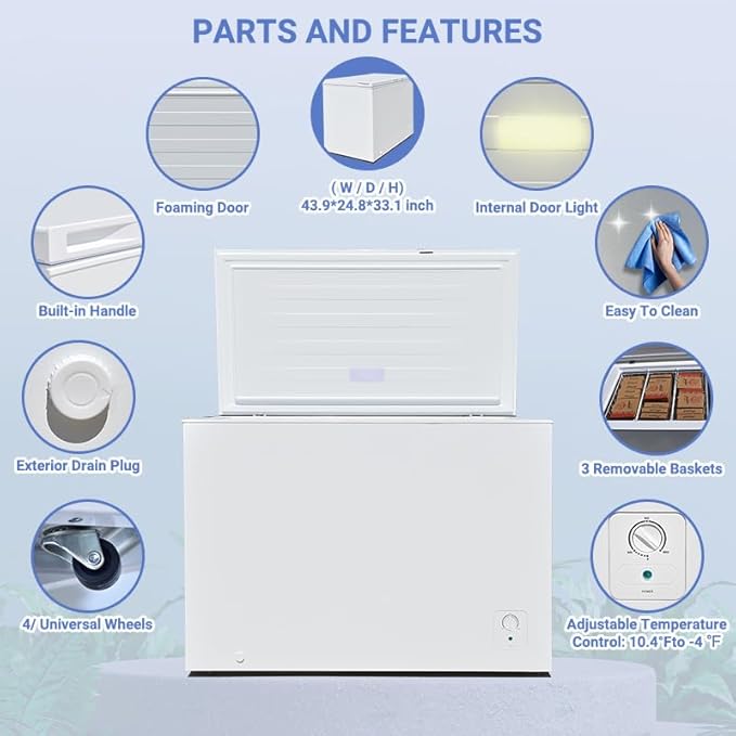 SMETA Chest Freezer, 10 Cubic Feet Deep Freezer with 3 Basket, Garage Ready, Low Noise, Adjustable Thermostat, Energy Saving with 4 Wheels for Kitchen, Office, Meat, House, Commercial, White