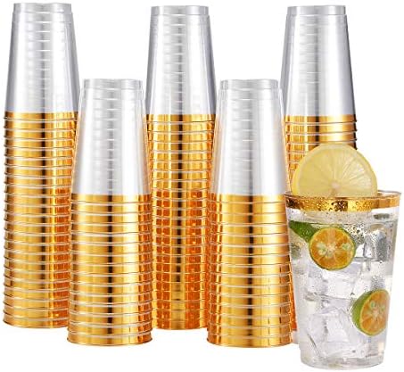 JOLLY CHEF 100 Pack Gold Plastic Cups, 12oz Clear Disposable Cups for Party by JOLLYCHEF